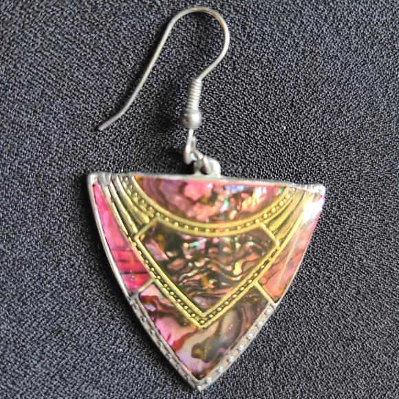 Vintage 90's earrings, dangle, coral and purple enamel, silver and gold accents - Picture 2 of 4